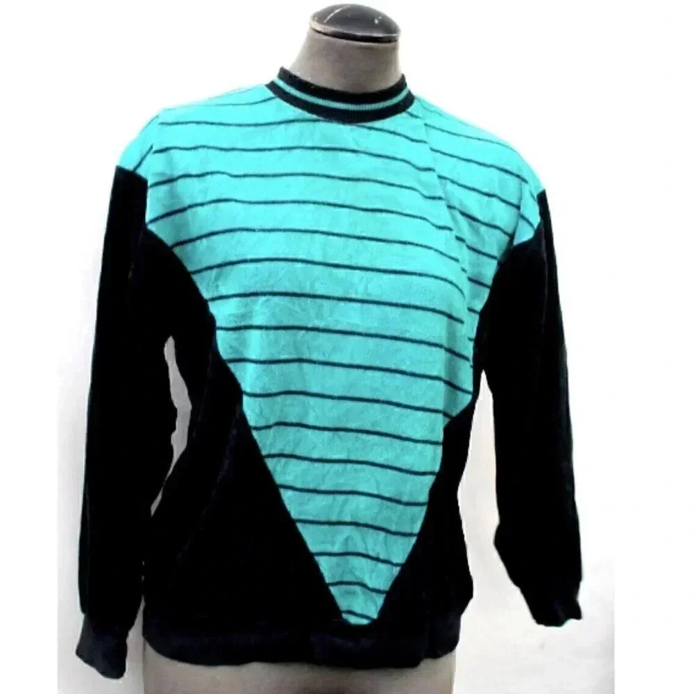 Vintage 1980s 1990s Retro Black & Green Stripped Towel Cotton Colorful Sweater